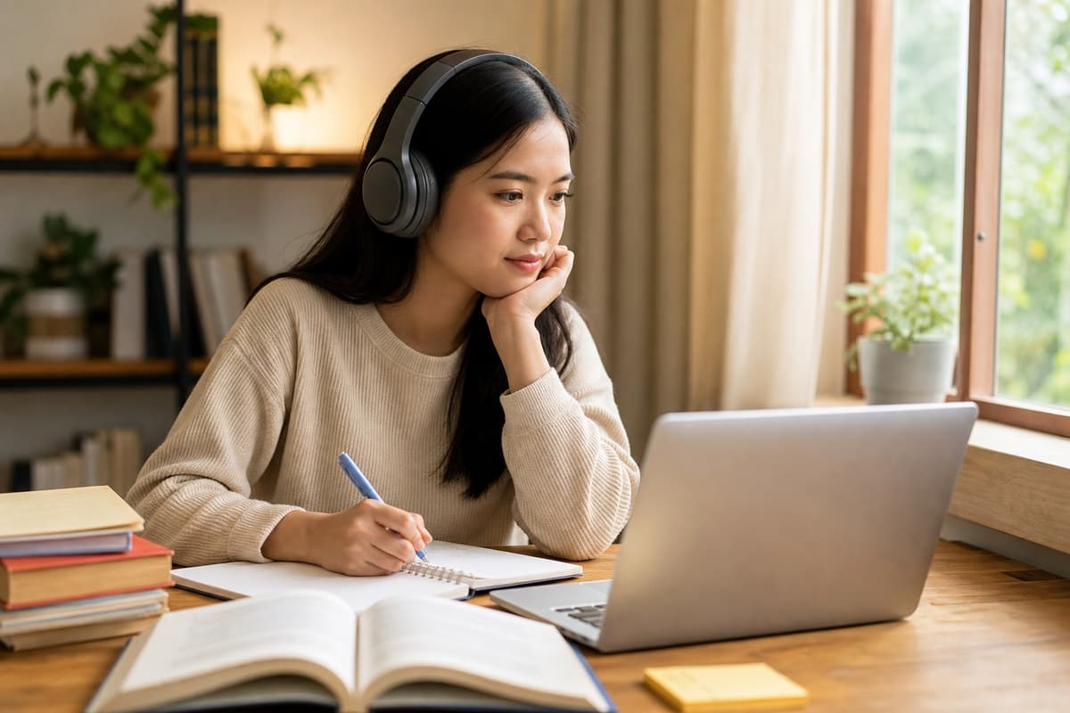 Học viên đeo tai nghe luyện phần thi nghe B1 Goethe — kinh nghiệm thi tiếng Đức